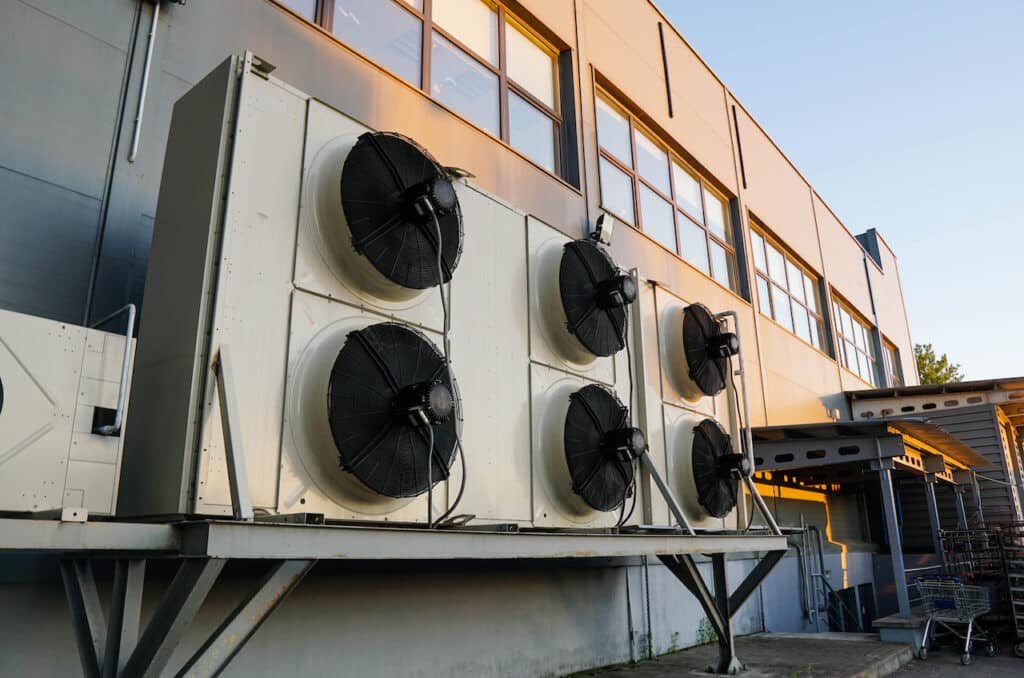 Industrial air-cooled chillers outside of building